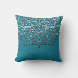 Almofada Mandala Azul Teal e Prata Elegante Minimal Marroqu
