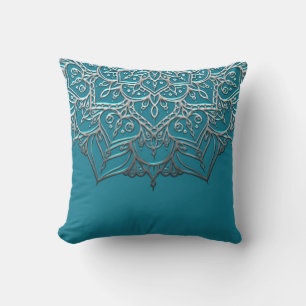 Almofada Mandala Azul Turquesa e Prata Elegante Minimal Mar