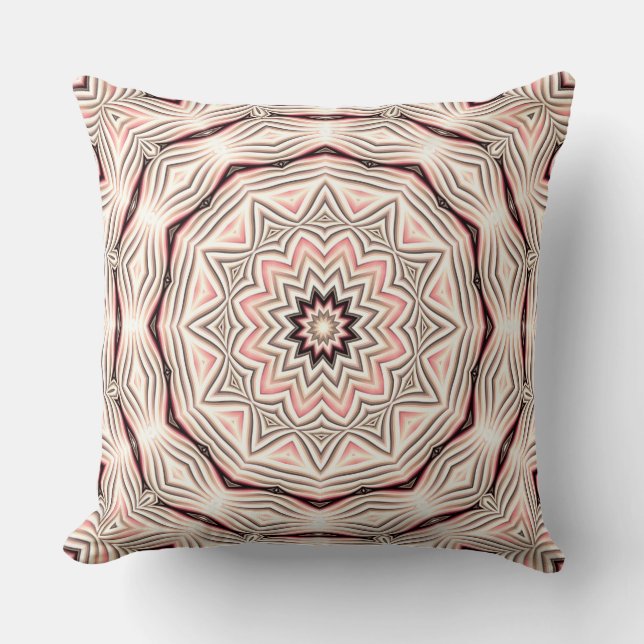 Almofada Mandala cremosa, rosa macio, branca e castanha. (Frente)