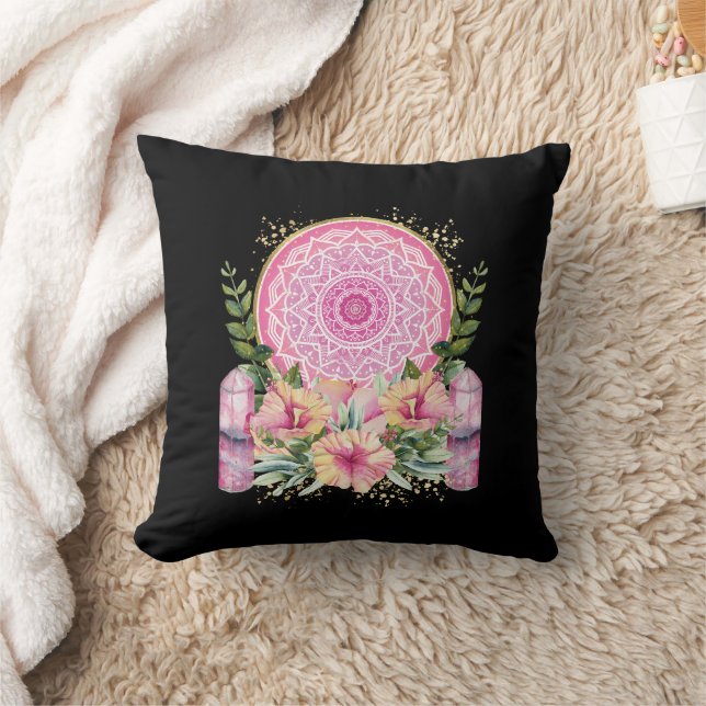 Almofada Mandala de Cristal de Flores Rosa Boho Aquarela (Cobertor)