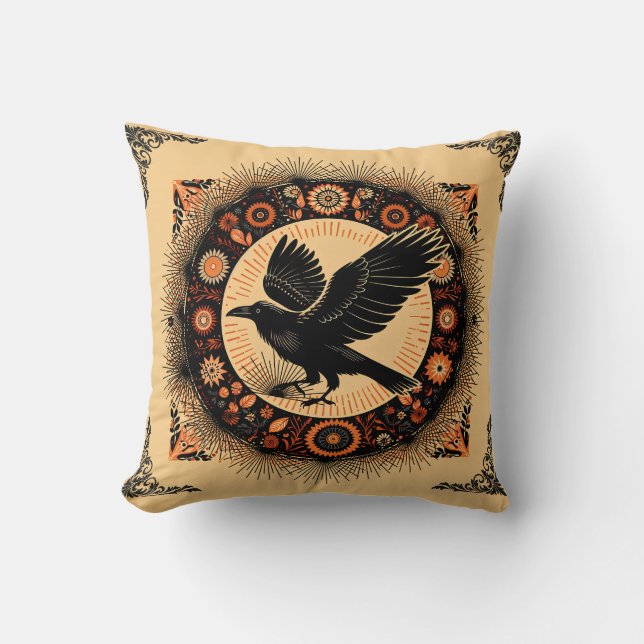 Almofada  Mandala de Dark Academia Corvo Círculo Boho Gótic (Frente)