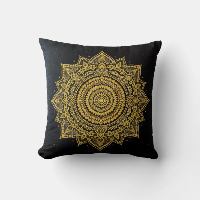 Almofada Mandala de Estrela Dourada em Preto (Frente)