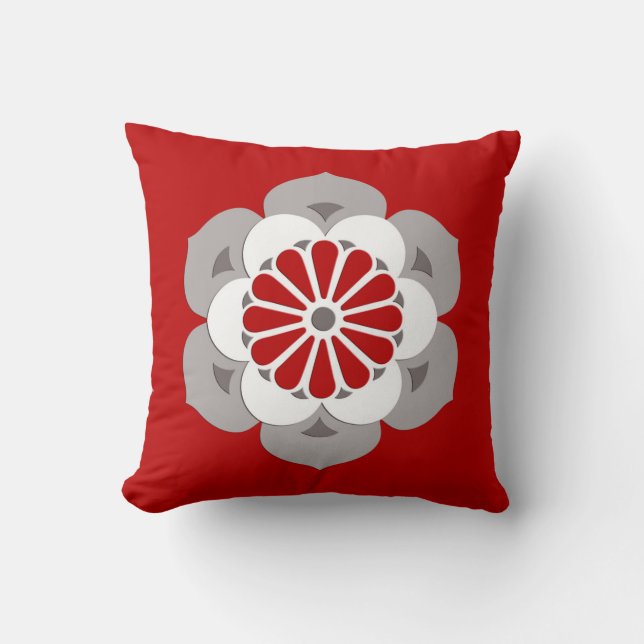 Almofada Mandala de Flor de Lótus, Vermelho Escuro, Cinza e (Frente)