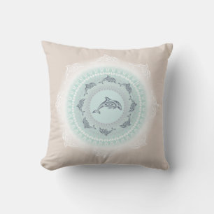 Almofada Mandala de Golfinhos Azul Claro Bege Costeiro