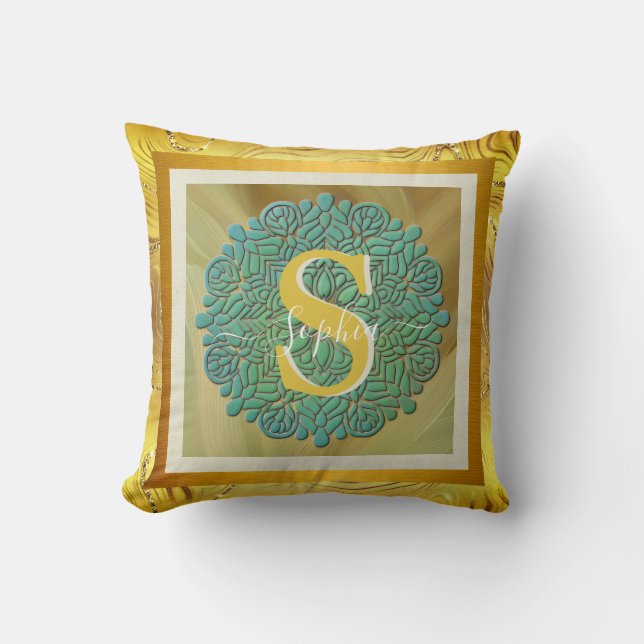 Almofada Mandalá de Monograma Personalizado Dourado e Azul (Frente)