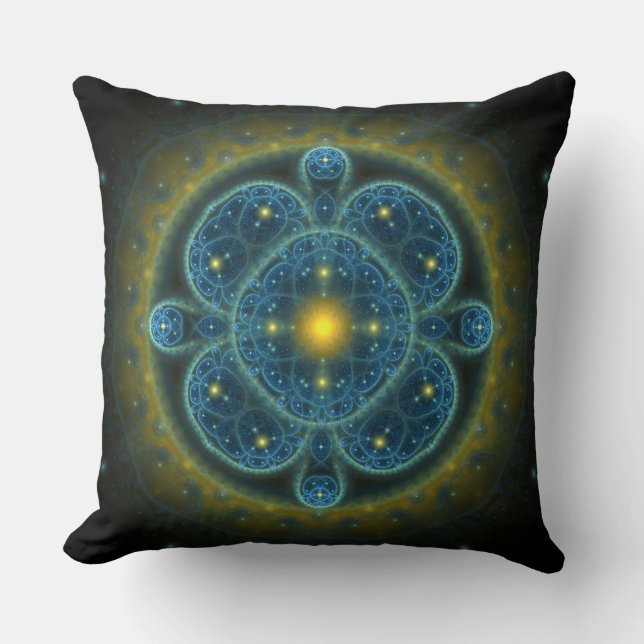 Almofada Mandala de ornamentado fractal azul (Frente)