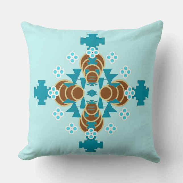 Almofada Mandala de quatro pontos - aqua, castanho e turque (Frente)