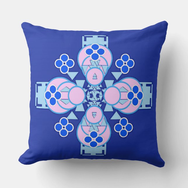Almofada Mandala de quatro pontos - orquídea, azul e cobalt (Frente)