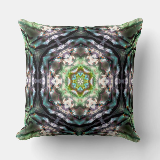 Almofada Mandala dentro hexagão, antigo prateado, metal mar (Frente)