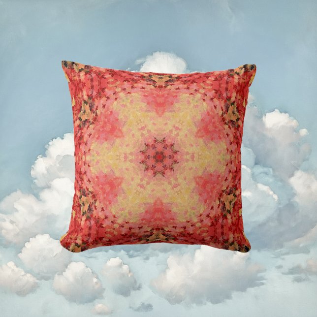 Almofada Mandala digital amarelo, rosa e vermelho (Yellow Pink and Red Digital Paint Mandala Throw Pillow By Wormhole Orbital)