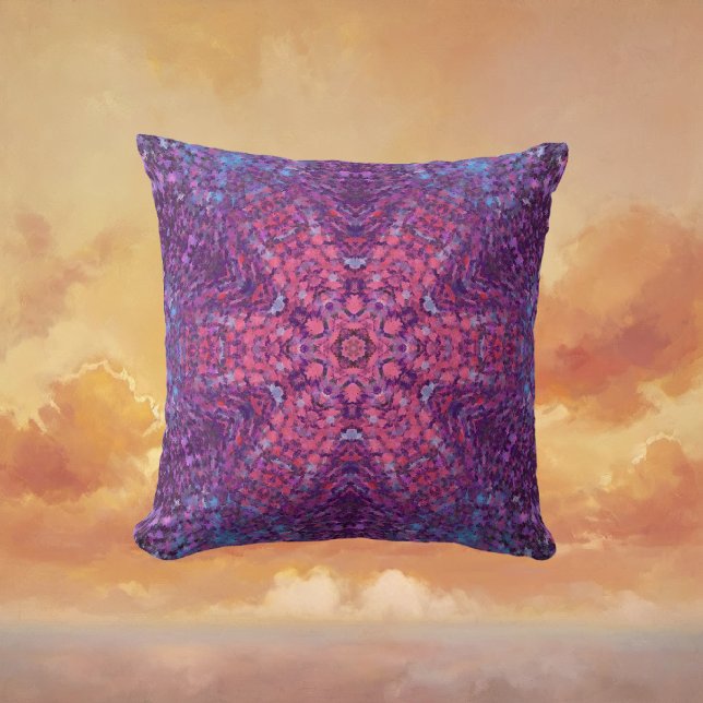 Almofada Mandala digital rosa púrpura e azul (Pink Purple and Blue Digital Mandala Throw Pillow by Wormhole Orbital)