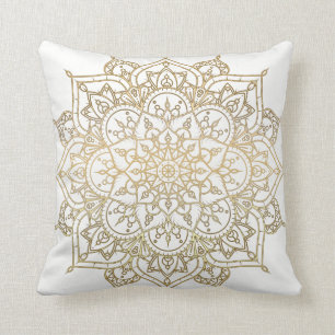 Almofada Mandala Dourada Branco Chic Glamour Moderno Glam