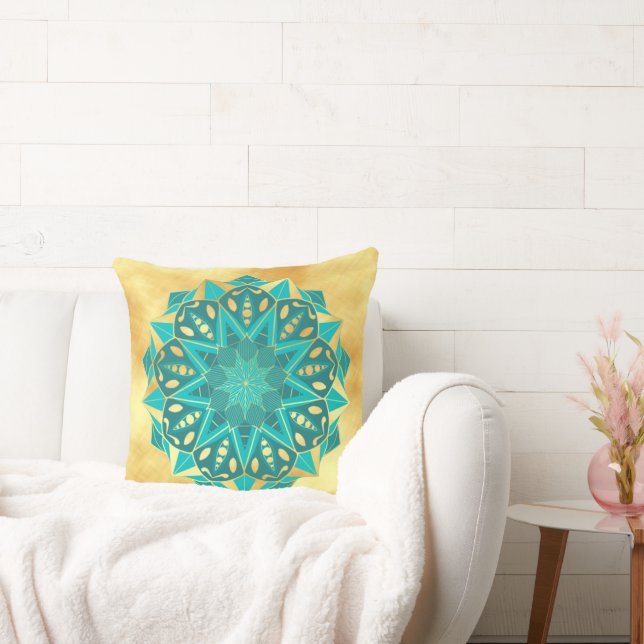 Almofada Mandala Estrela Azul Dourado em Fundo Dourado Suav (Sofá)