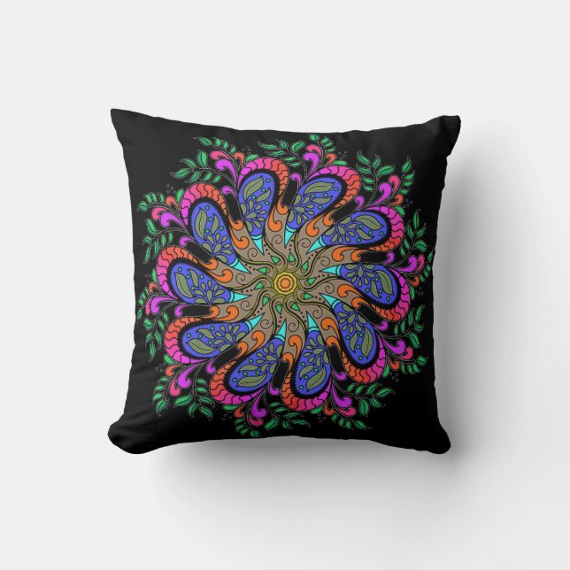 Almofada Mandalá Floral Boêmio Mod em Preto (Frente)