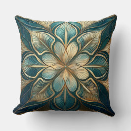 Almofada Mandala Floral Dourada e Teal - Desenho sofisticad