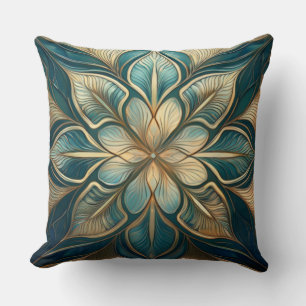 Almofada Mandala Floral Dourada e Teal - Desenho sofisticad
