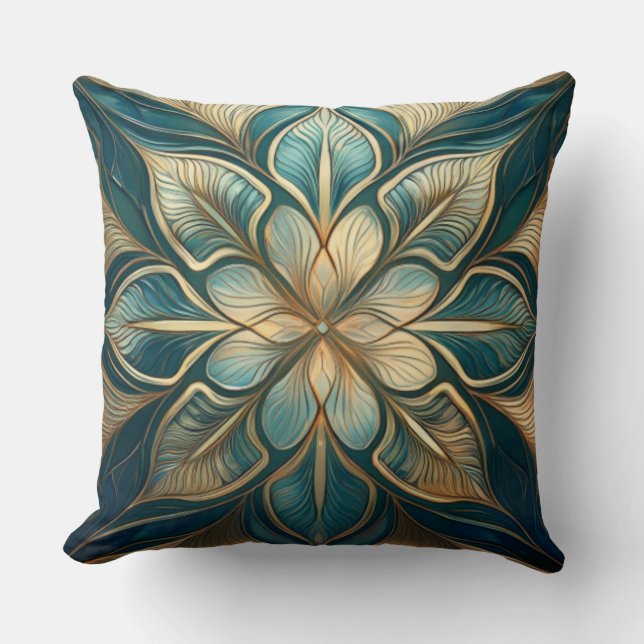 Almofada Mandala Floral Dourada e Teal - Desenho sofisticad (Frente)
