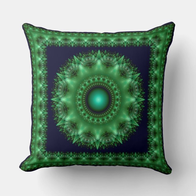 Almofada Mandalá fractal verde brilhante emoldurado (Frente)