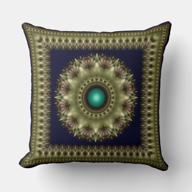 Almofada Mandalá fractal verde brilhante emoldurado (Frente)