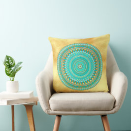 Almofada Mandala Íris azul marrom dourado em Fundo Dourado