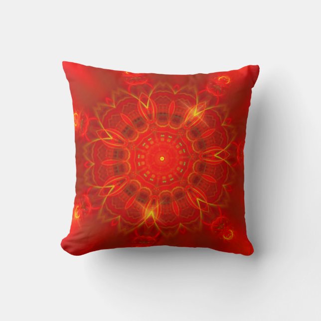 Almofada Mandala Linhas Finas Cores Quentes Fundo Vermelho (Frente)