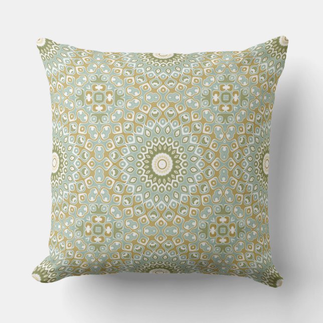 Almofada Mandala Terroso em Verde, Dourado e Azul Suave (Frente)