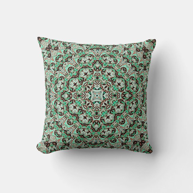Almofada Mandala verde claro, menta e marrom. (Frente)