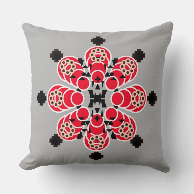 Almofada Mandala - vermelho, cinza e preto (Frente)