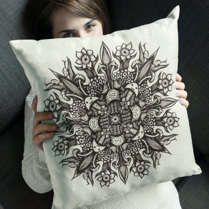 Almofada Mandalas de Cogumelos Psicotrópicos Preto e Branco