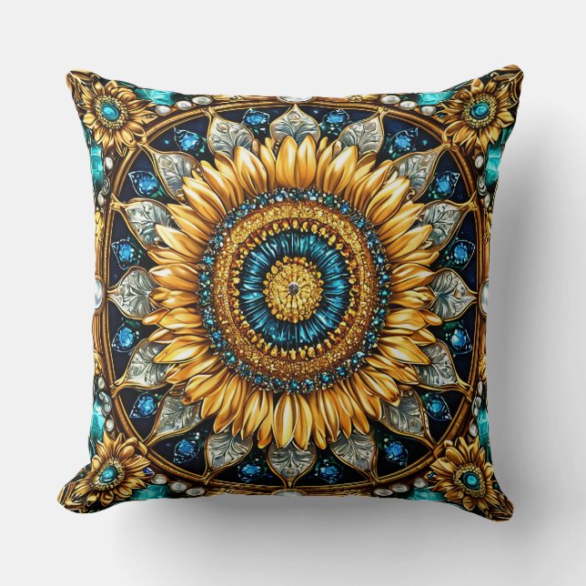 Almofada Mandalas do Girassol Dourado Com Gemas Intrincadas (Frente)