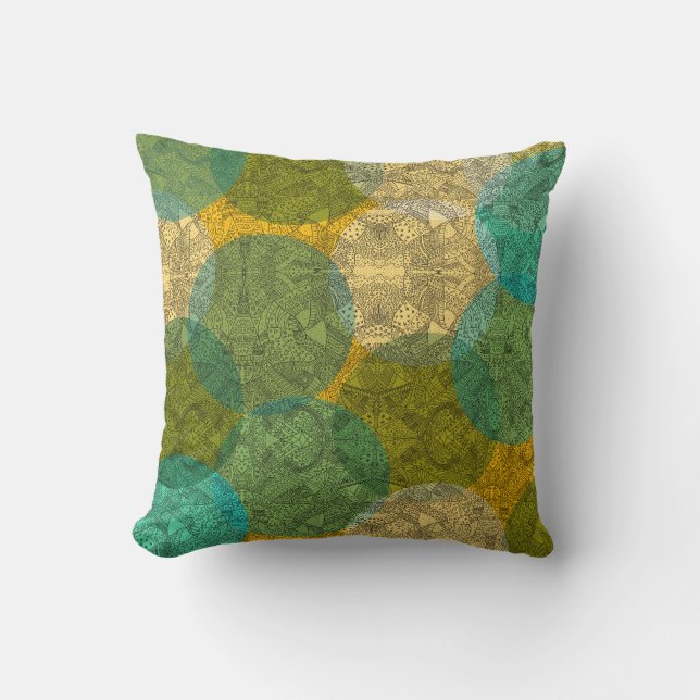 Almofada Mandalas Simétricos de Doodle em Verde e Amarelo (Frente)