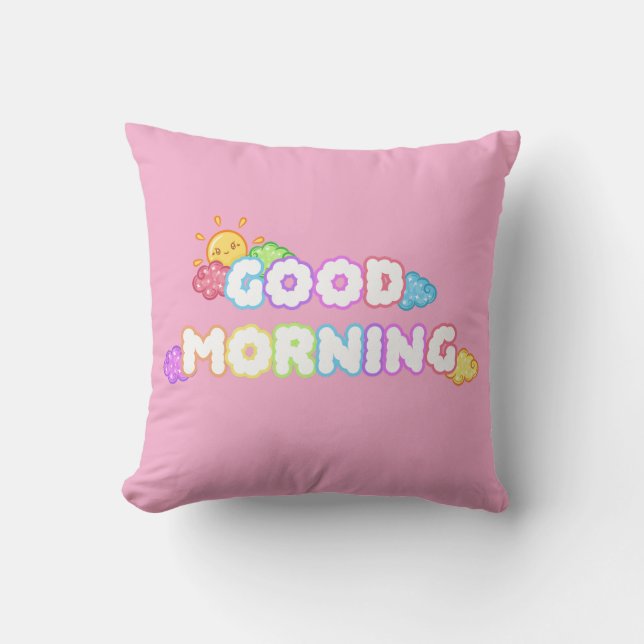 Almofada Manhã Kawaii com Sol e Nuvens Arco-íris (Frente)