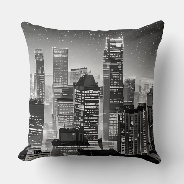 Almofada Manhattan sob as estrelas em preto e branco (Frente)
