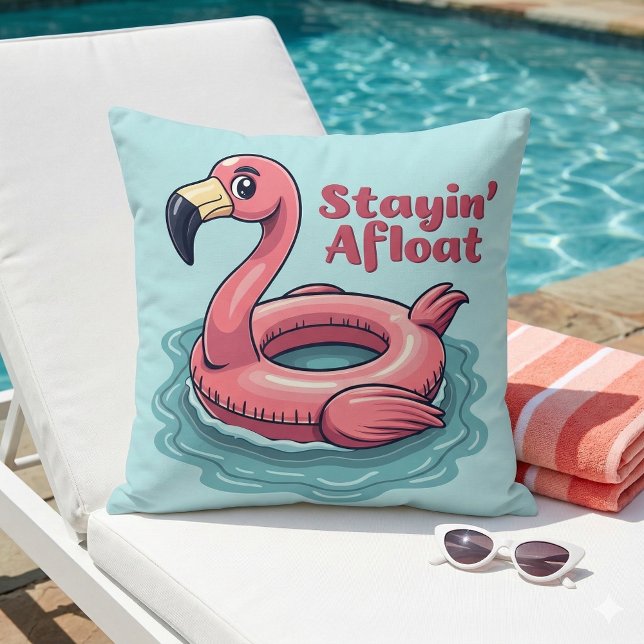Almofada Mantenha-se à tona Flamingo engraçado Boia de pisc (Stayin’ Afloat Funny Flamingo Pool Float Retro Throw Pillow Mockup A)