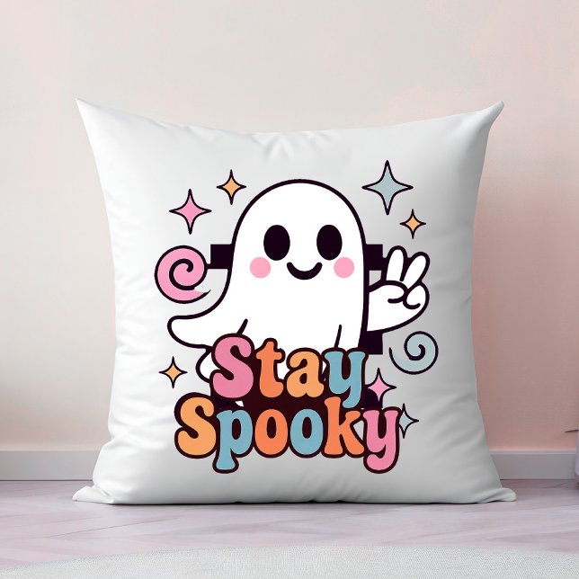Almofada Mantenha-se assustado, Fantasma Fantasma Retro Pas (Celebrate Halloween season in style with this groovy ghost stay spooky design.)
