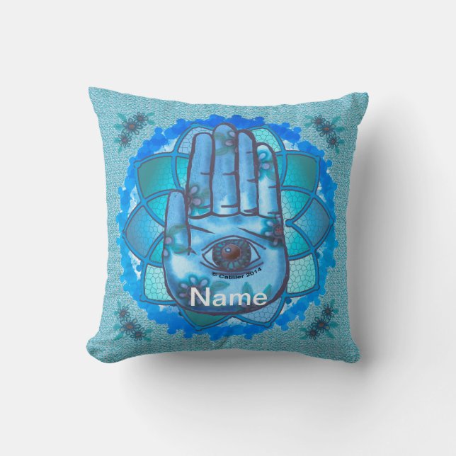 Almofada Mão Hamsa Lótus Azul (Frente)