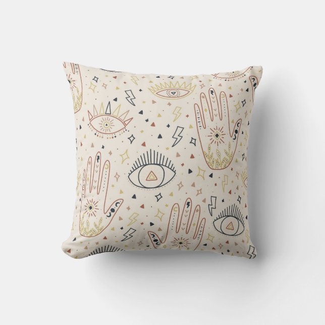 Almofada Mãos Esotéricas Olhos Tom Boho Padrão Estrelas sím (Frente)