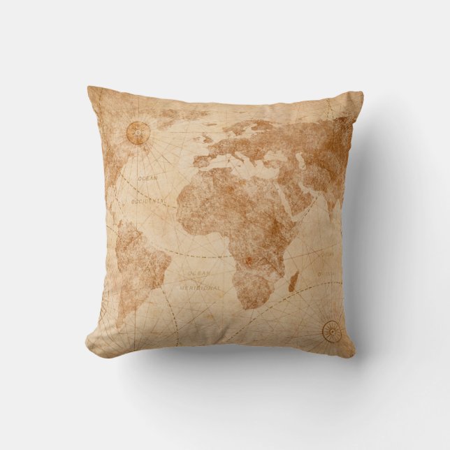 Almofada Mapa de Ilustração do Mapa Mundial da Antiguidade, (Frente)