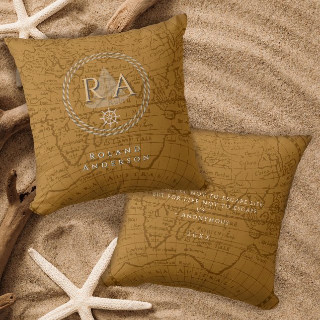 Almofada Mapa de Monograma de Corda Náutica Marrom (Nautical Rope Monogram Map Brown Throw Pillow)