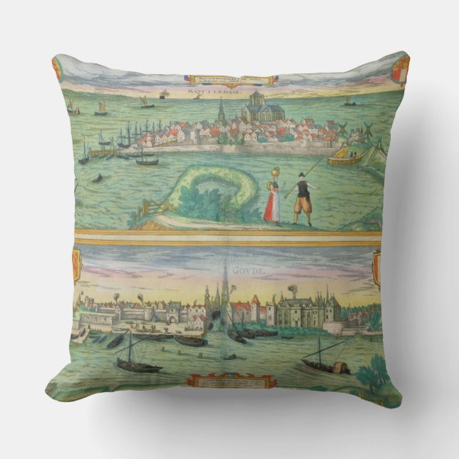 Almofada Mapa de Rotterdam e de Gouda, 'de Civitates Orbis (Frente)