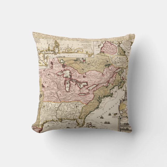 Almofada Mapa francês medieval de Quebec/Nova França na Amé (Frente)