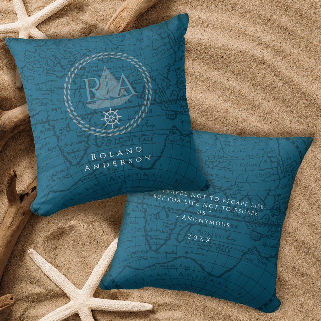 Almofada Mapa Monograma de Corda Náutica Azul (Nautical Rope Monogram Map Blue Throw Pillow)