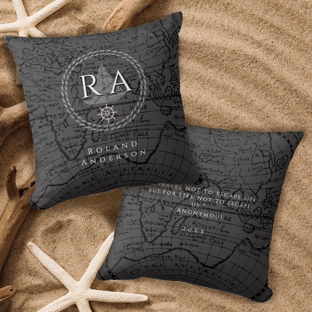 Almofada Mapa Monograma de Corda Náutica Cinza (Nautical Rope Monogram Map Grey Throw Pillow)