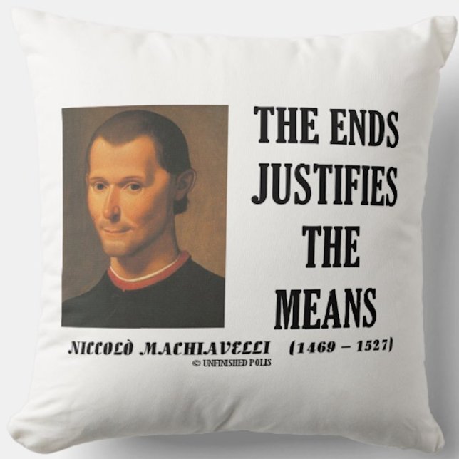 Almofada Maquiavelli Finaliza Justifica A Cotação Média (Throw pillow featuring  political philosopher Niccolo Machiavelli's observation on statecraft)