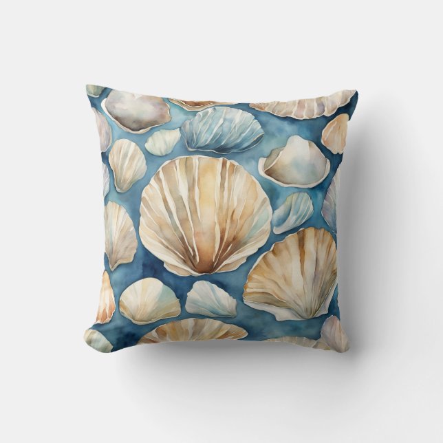 Almofada Mar de Aquarelas de PraiaShells Blue Beige Coastal (Frente)