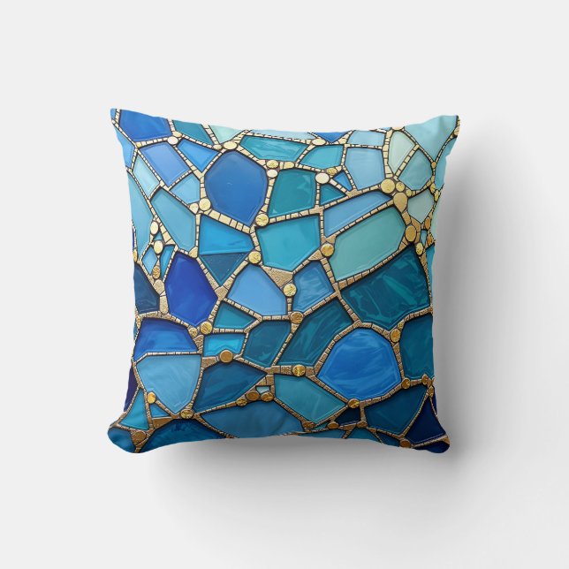 Almofada Mar de Ondas Azul e Dourado Mosaico Arte Refinada (Frente)