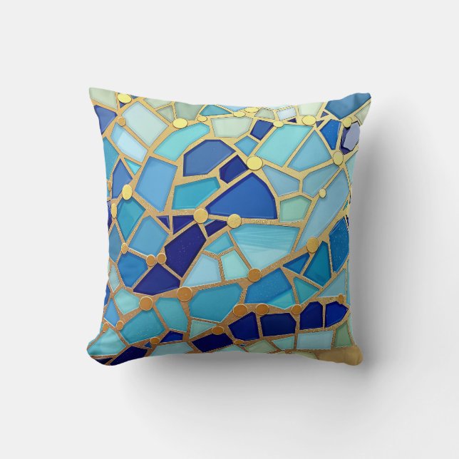 Almofada Mar de Ondas Azul e Dourado Mosaico Arte Refinada (Frente)