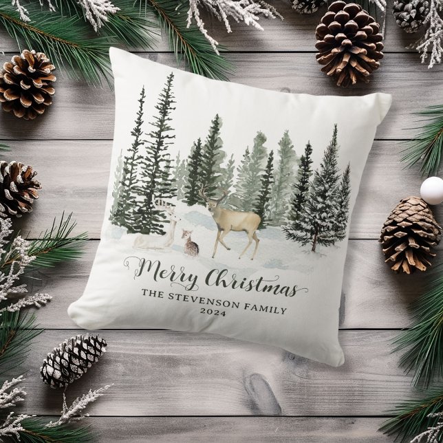 Almofada Marcha de Natal Personalizada (Personalized Watercolor Woodland Merry Christmas Throw Pillow)