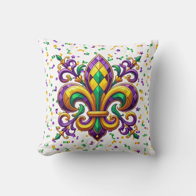 Almofada Mardi Gras fleur de lis, verde-púrpura (Frente)