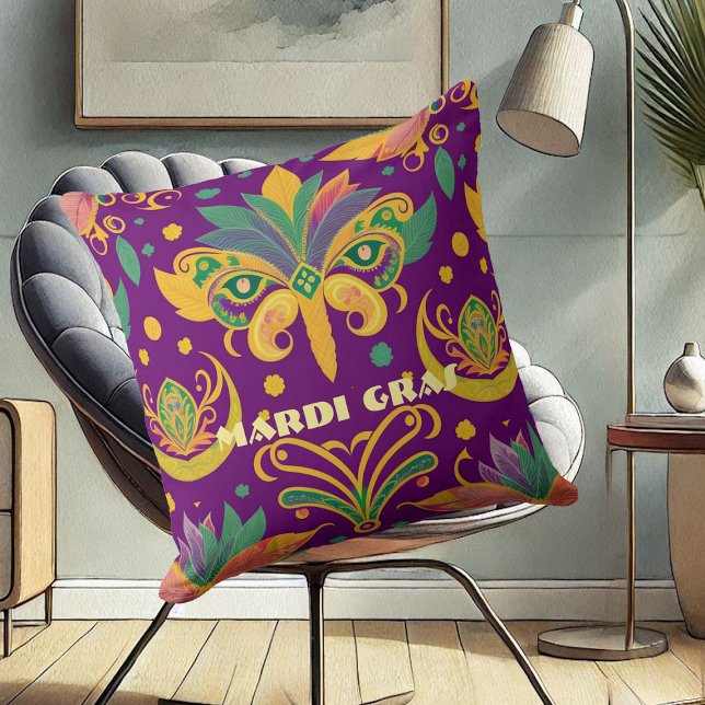 Almofada Mardi Gras Mask Fleur De Lis Purple Green Dourado (Mardi Gras Mask Fleur De Lis Purple Green Gold Throw Pillow)
